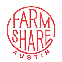 Logo of Farm Share Austin, with "Farm Share" in large red text inside a red circle and "Austin" in smaller red text below. Perfect for promoting fresh, local produce at events or even displaying in an Austin salon like Ruiz Salon to showcase community support.