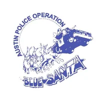 Logo for "Austin Police Operation Blue Santa" featuring a police car drawn by reindeer in place of a sleigh, with the text "Blue Santa" below the image. Sponsored in part by Ruiz Salon, an Austin salon known for its community involvement.
